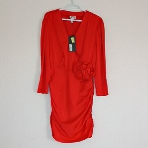 Chic Red Long Sleeve Dress with Floral Accent